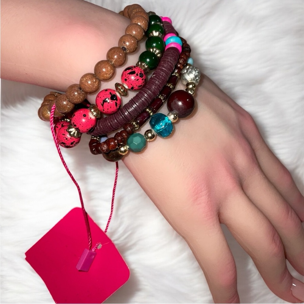 Bohemian Multicolor Wooden and Goldstone Stretchable Bead Bracelet Set NEW
